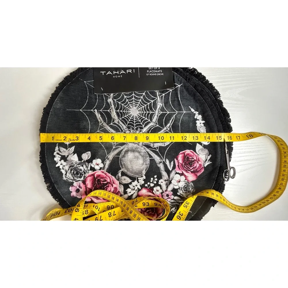 Tahari Home Set of 4 Round Placemats Black Spider Web Floral Pink Goth 15 inch